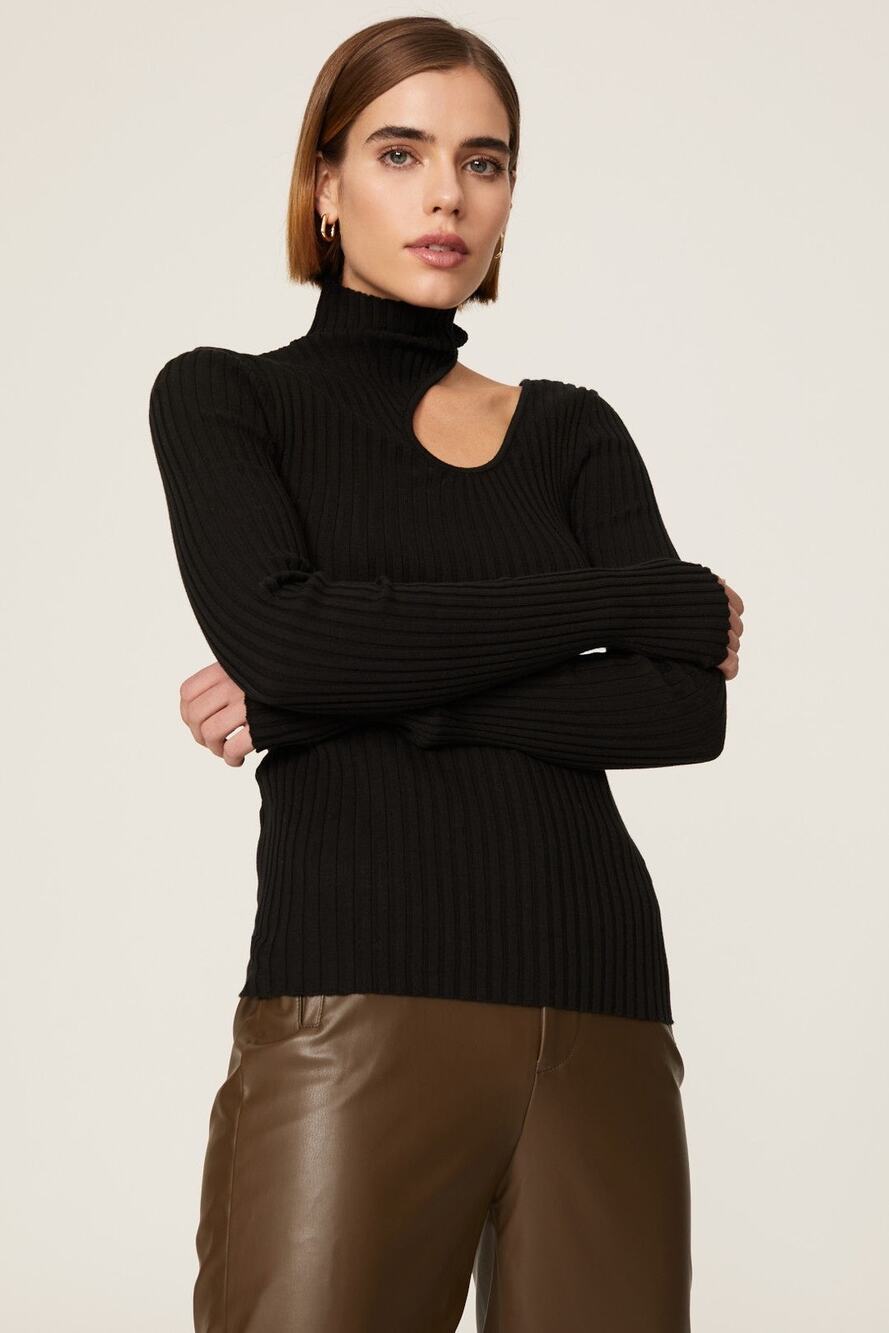 Anine Bing Sz M Victoria Black Long Sleeve Cut Out Turtleneck Top sweater